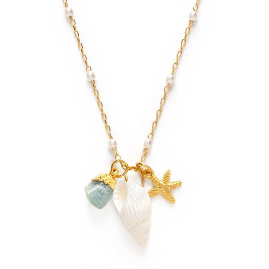 Necklace with starfish, shell, and gemstone charm on a white background