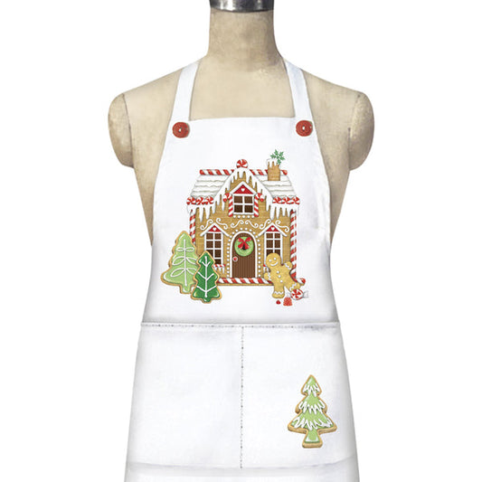 White apron with Christmas-themed design on a mannequin against a white background