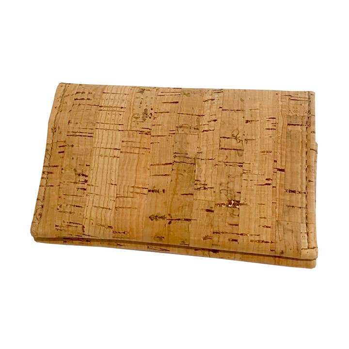 A rectangular cork wallet with a natural cork texture, shown closed on a plain white background.