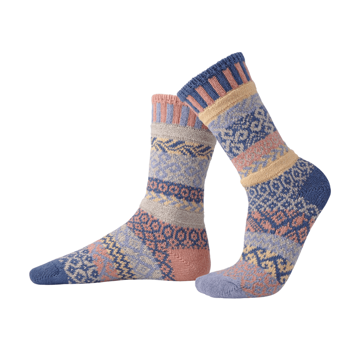 Pair of patterned socks on a white background