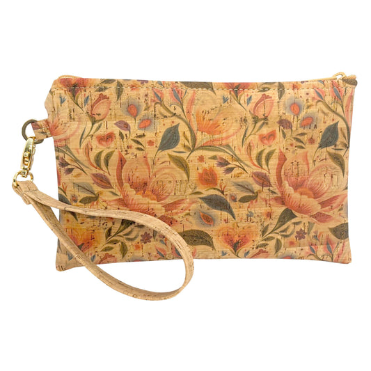 A rectangular wristlet clutch bag with a floral print on a textured beige background, featuring a matching beige woven wrist strap and a gold-tone metal clasp.