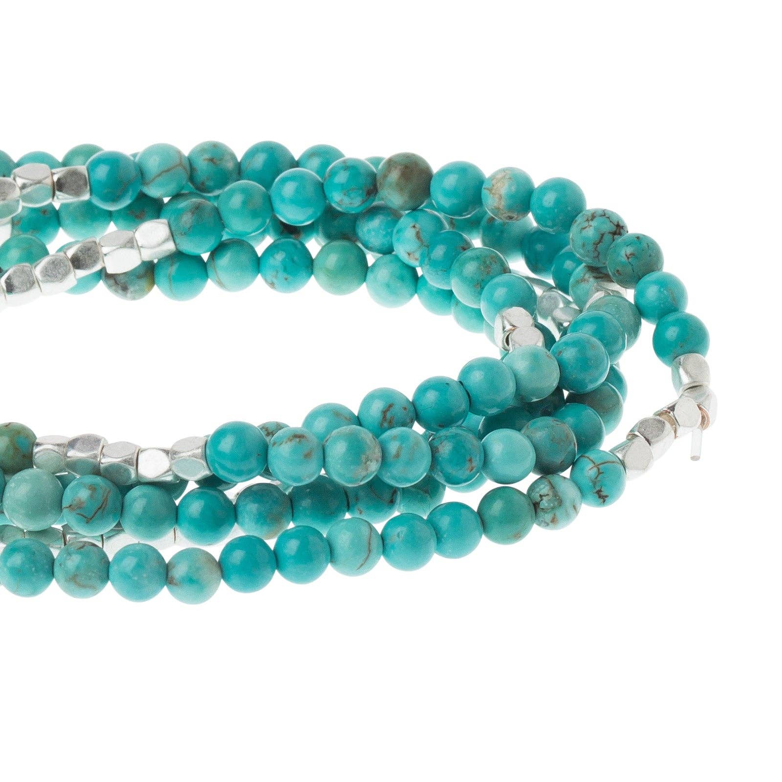Convertible beaded necklace/wrap bracelet with silver accents on a white background