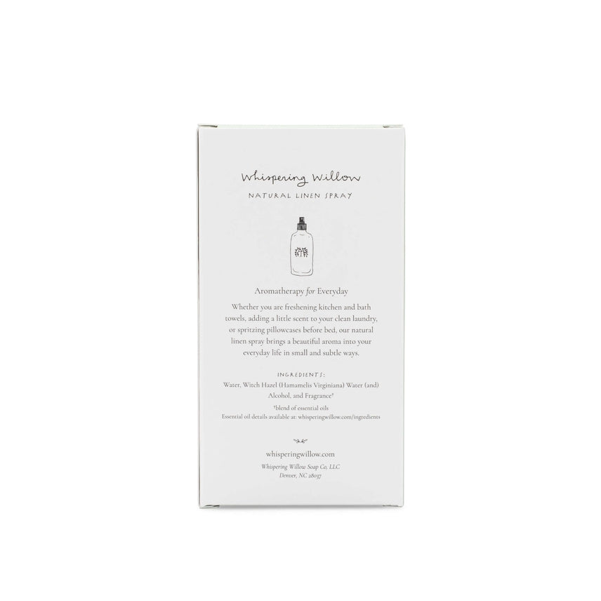 Box of Whisping Willow linen spray on a white background