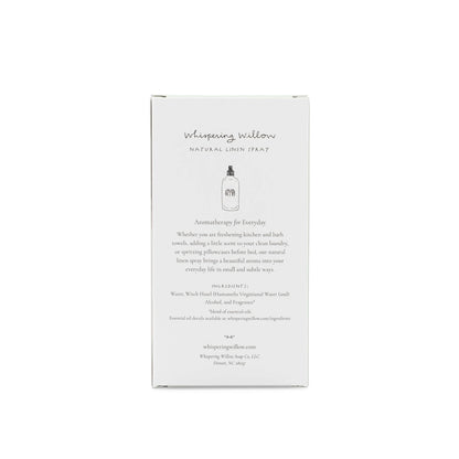 Box of Whisping Willow linen spray on a white background