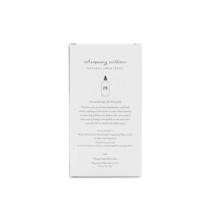 Product packaging for 'Whispering Willow' natural linen spray on a white background
