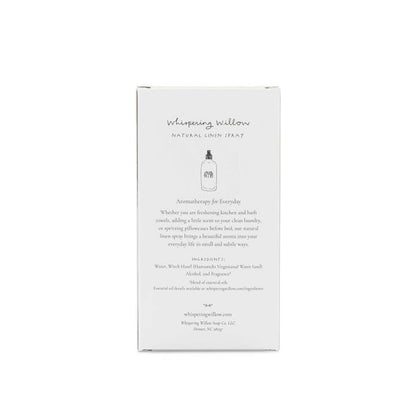 Back side of product packaging for 'Whispering Willow' natural linen spray on a white background