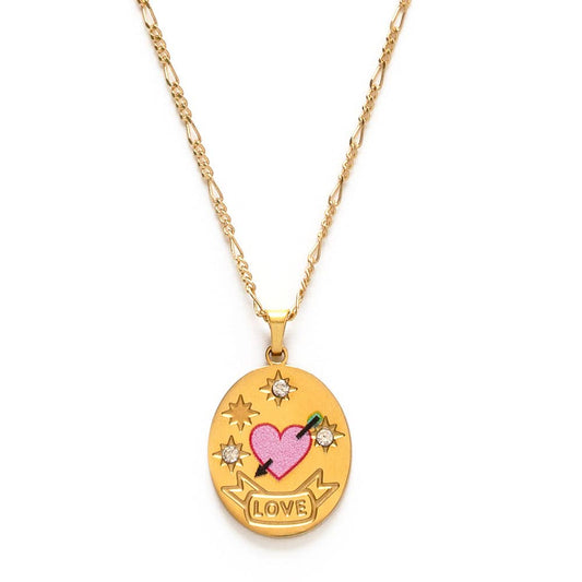 Gold necklace with an oval pendant on a white background