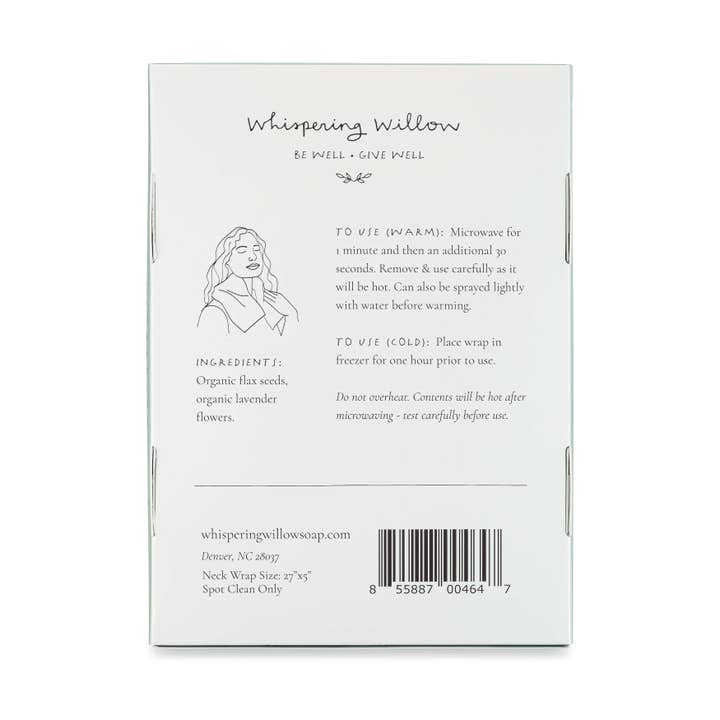 Back of a product packaging for 'Whispering Willow' with text and barcode.
