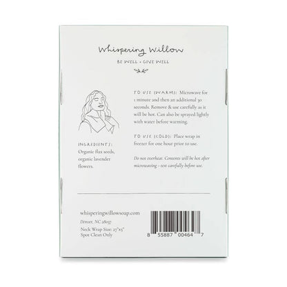 Back of a product packaging for 'Whispering Willow' with text and barcode.