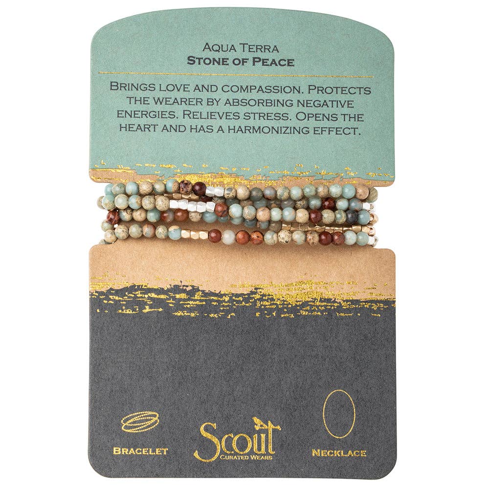 Convertible beaded necklace/wrap bracelet on a Scout branded card with description and branding.