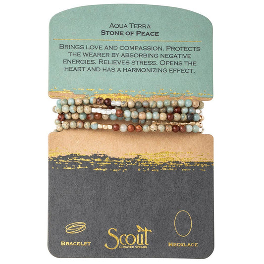 Convertible beaded necklace/wrap bracelet on a Scout branded card with description and branding.
