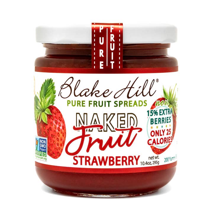 Jar of Blake Hill Naked Fruit Strawberry spread on a white background