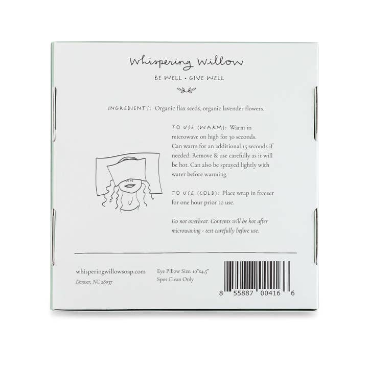 Back of a product packaging for 'Whispering Willow' with text and a barcode.