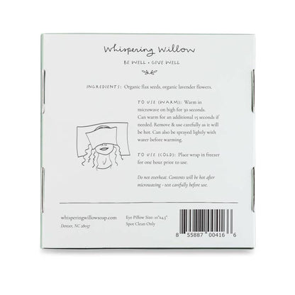 Back of a product packaging for 'Whispering Willow' with text and a barcode.