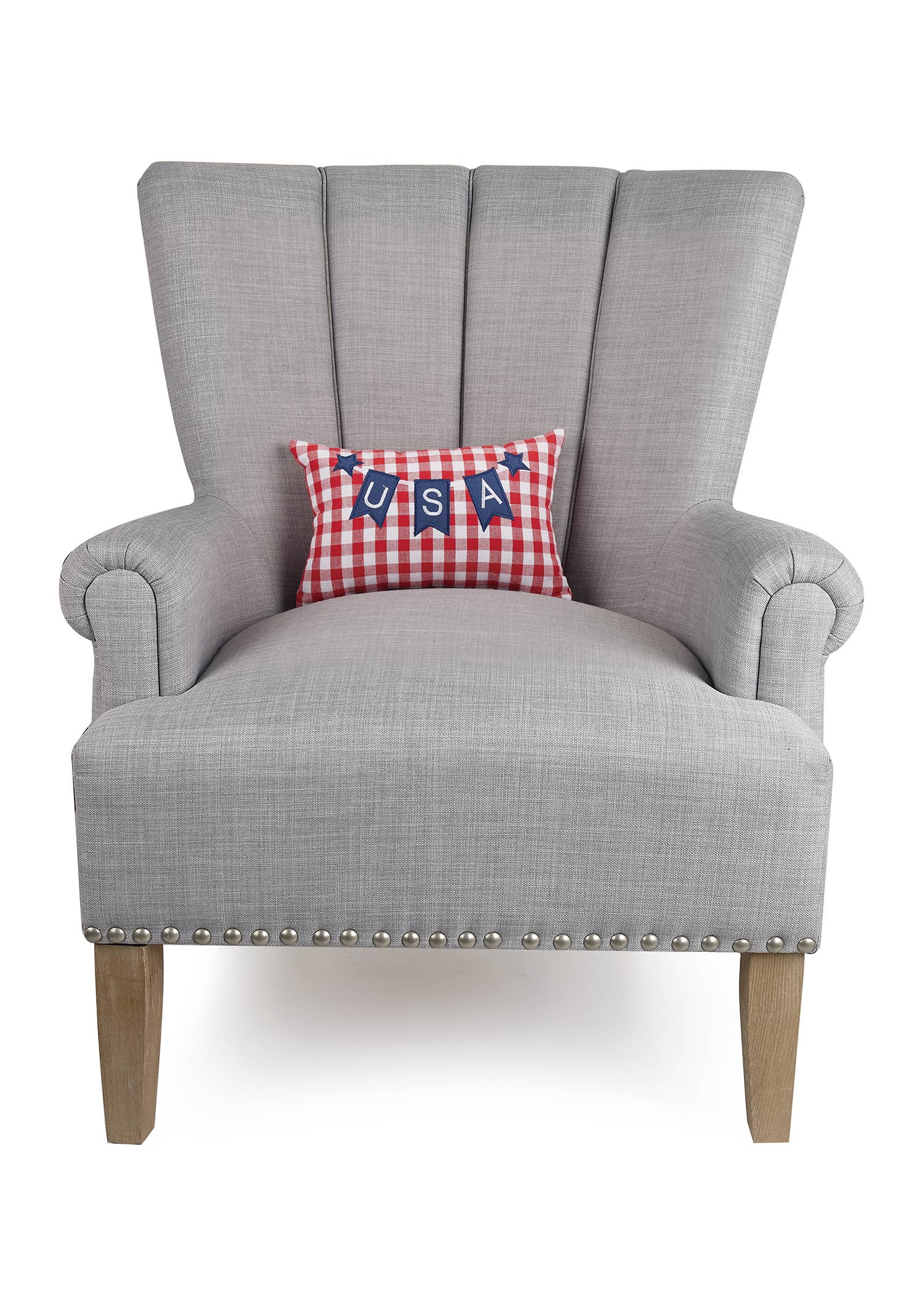 Gray armchair with a decorative pillow featuring 'USA' on a white background