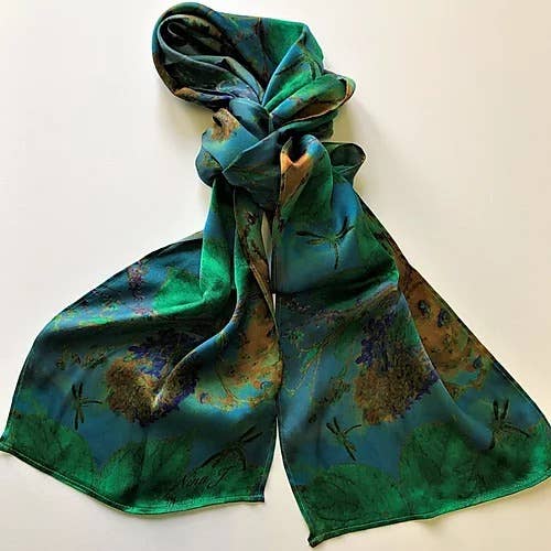 Peacock Hydrangea Silk Scarf