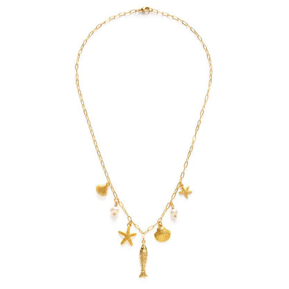 Gold necklace with various charms on a white background