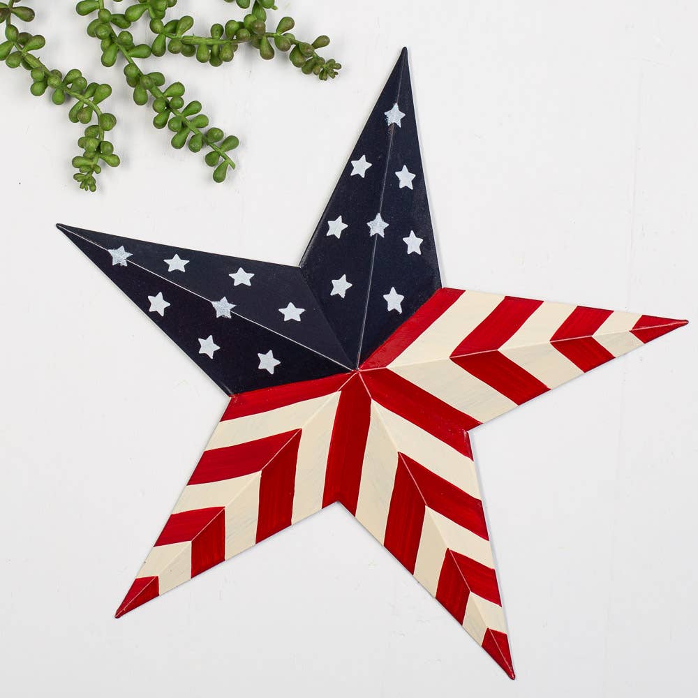 Decorative star with American flag design on a white background with greenery