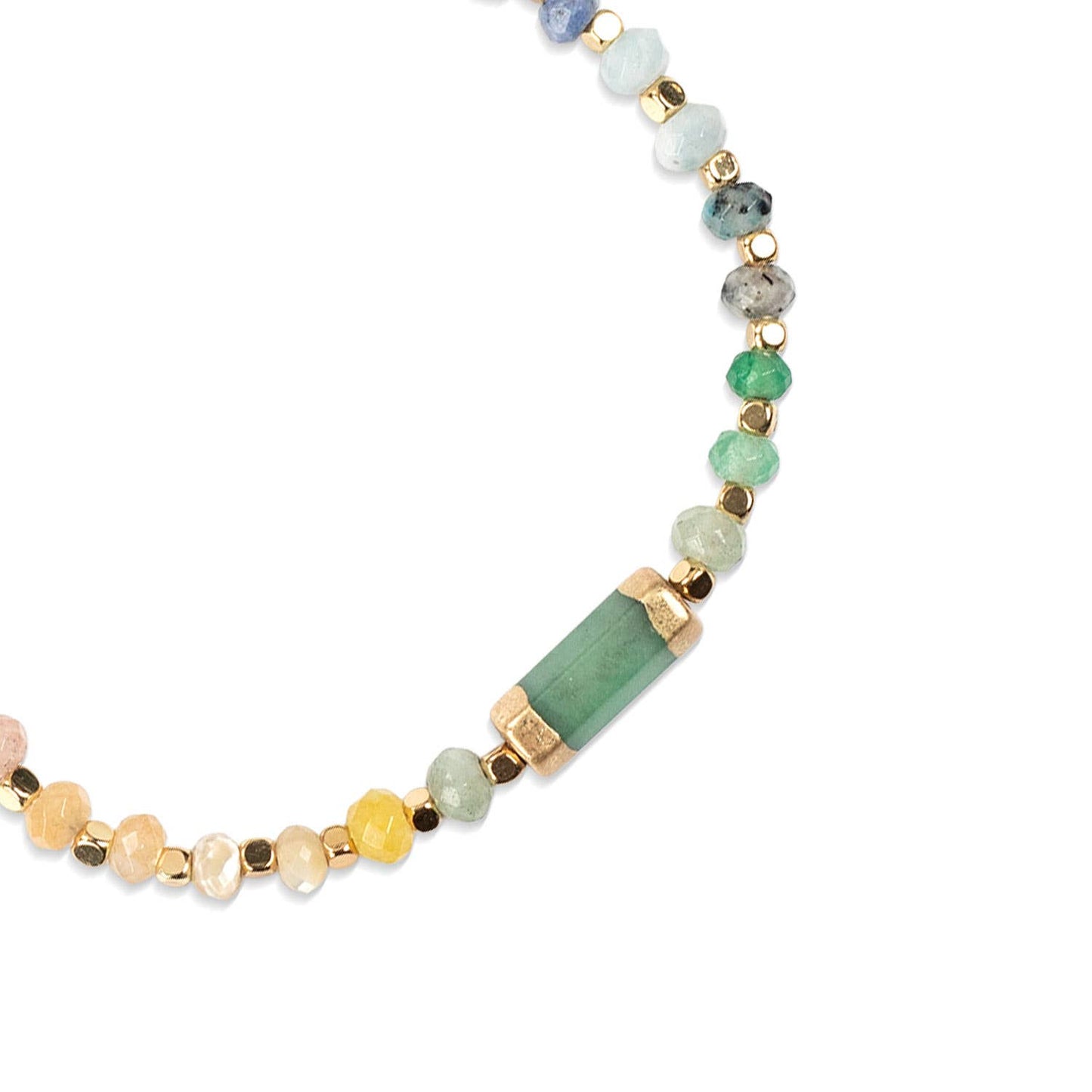 Bracelet with multicolored beads on a white background. All images associated with this listing show the same piece from various angles and with different styling props and packaging. 