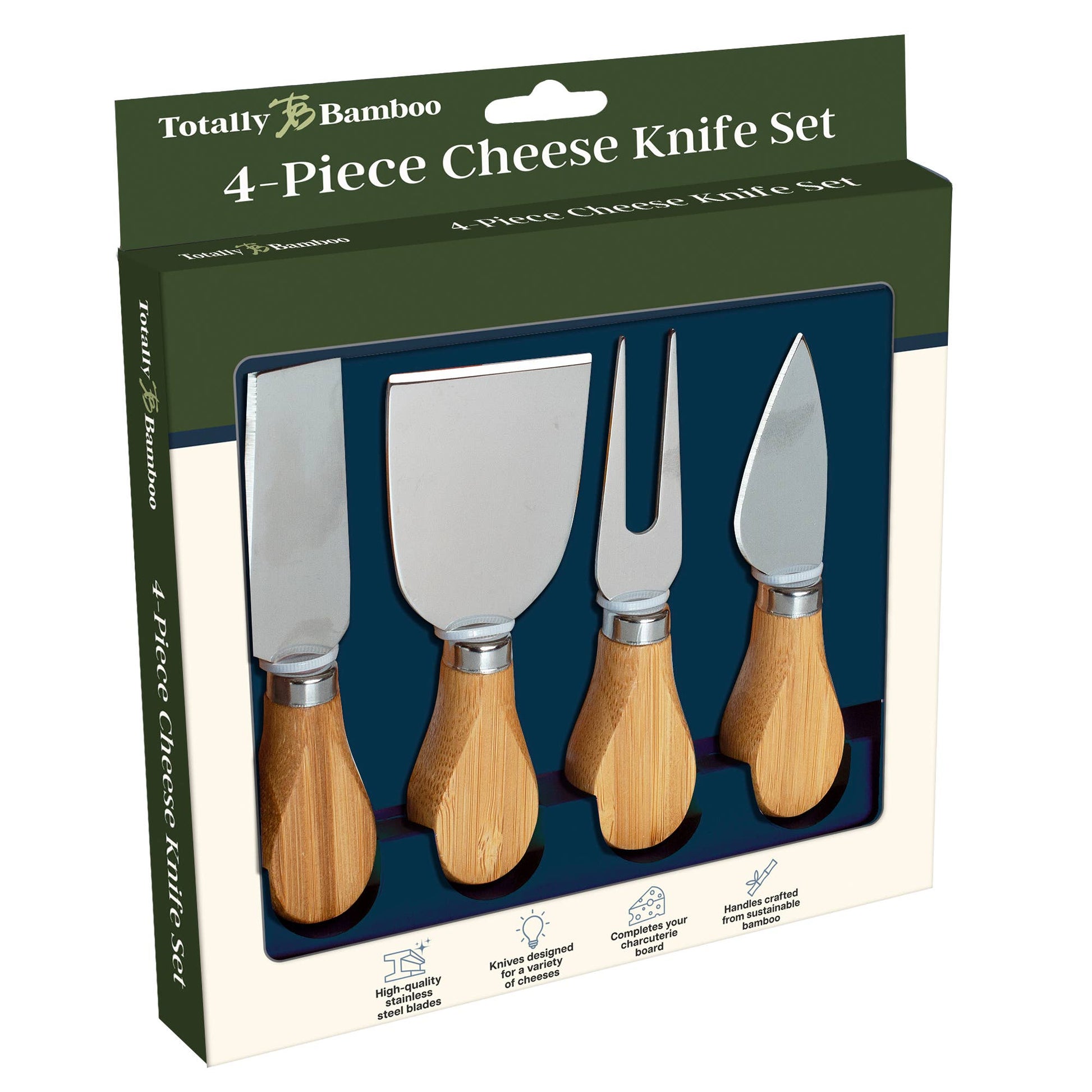 4-piece cheese knife set in packaging with 'Totally Bamboo' branding