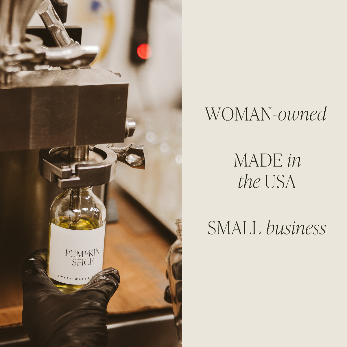 Bottle of pumpkin spice being filled with liquid, labeled 'Woman-owned, Made in the USA, Small business'.