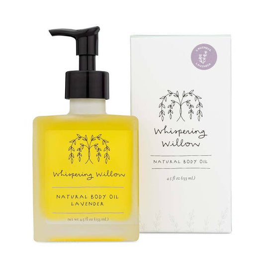 Bottle of Whispering Willow natural body oil with pump and matching box on a white background