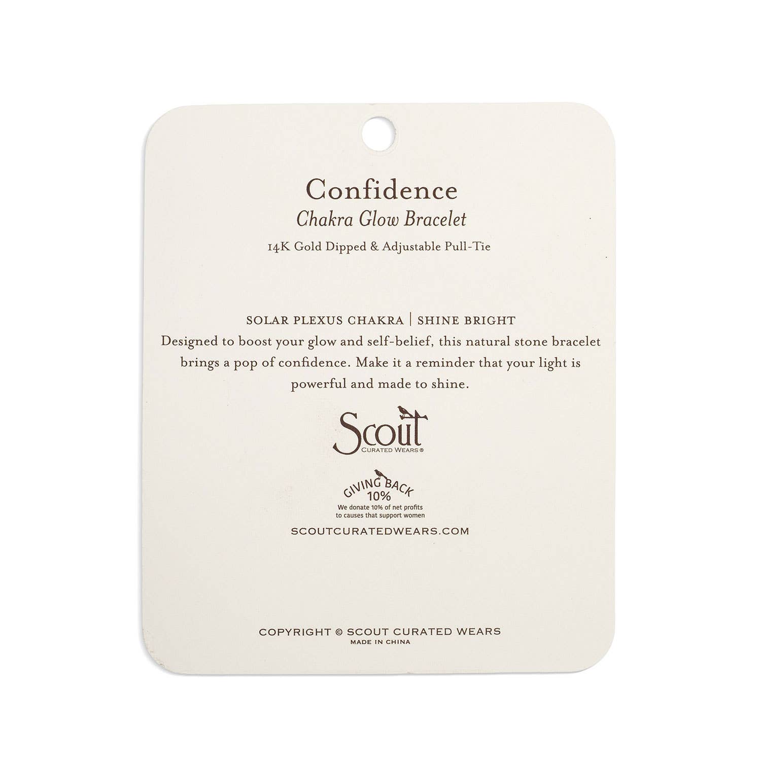 Confidence Charkra Glow Bracelet packaging back side on a white background.
