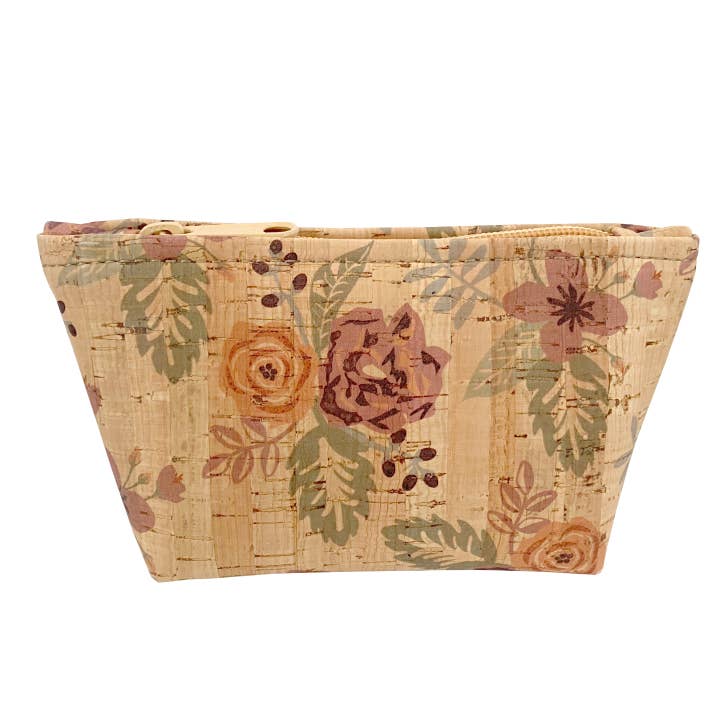 A small cork zip pouch with a floral print design.
