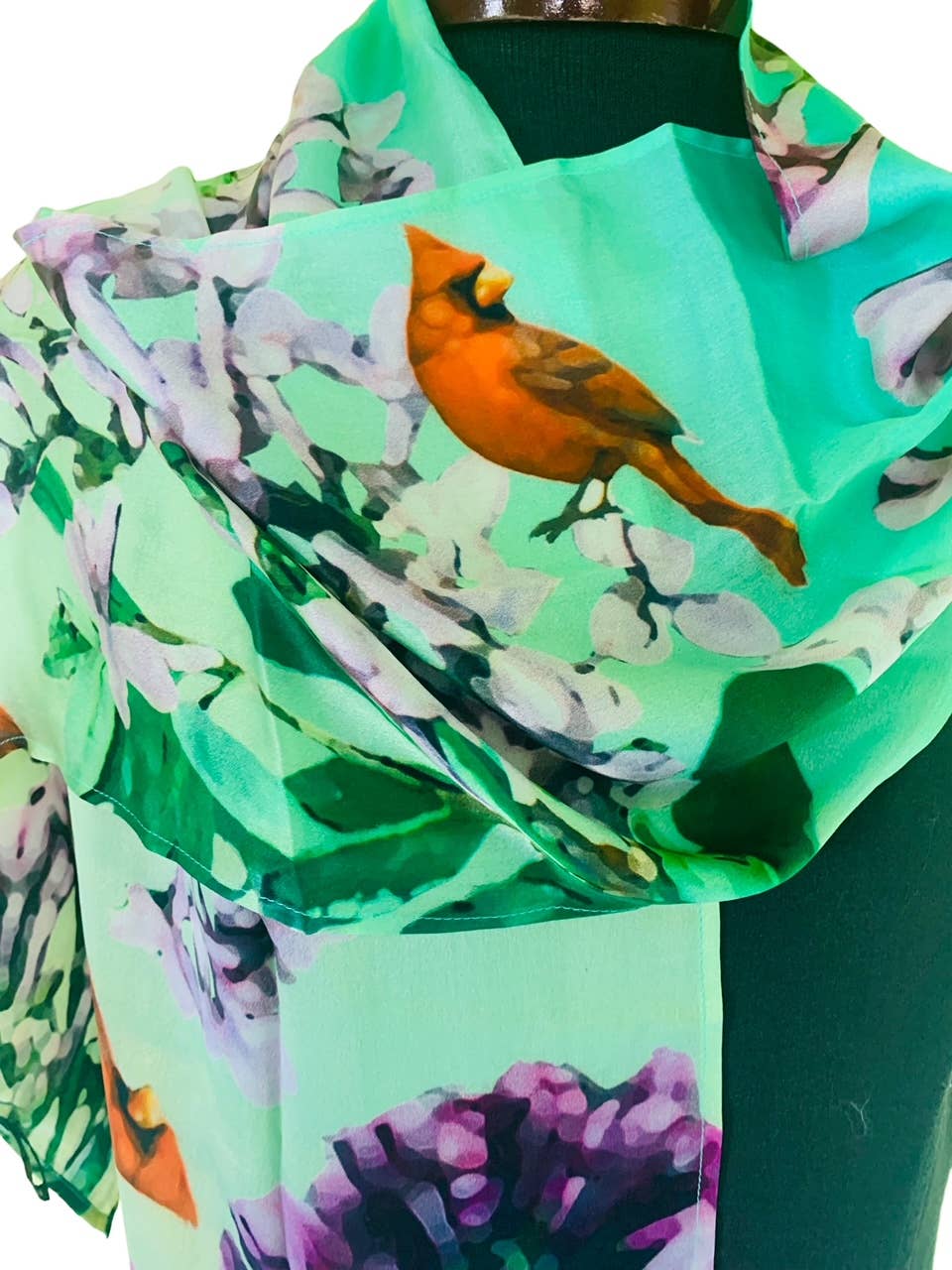 Flowers and Feathers Cardinals in Lilac Silk Scarf