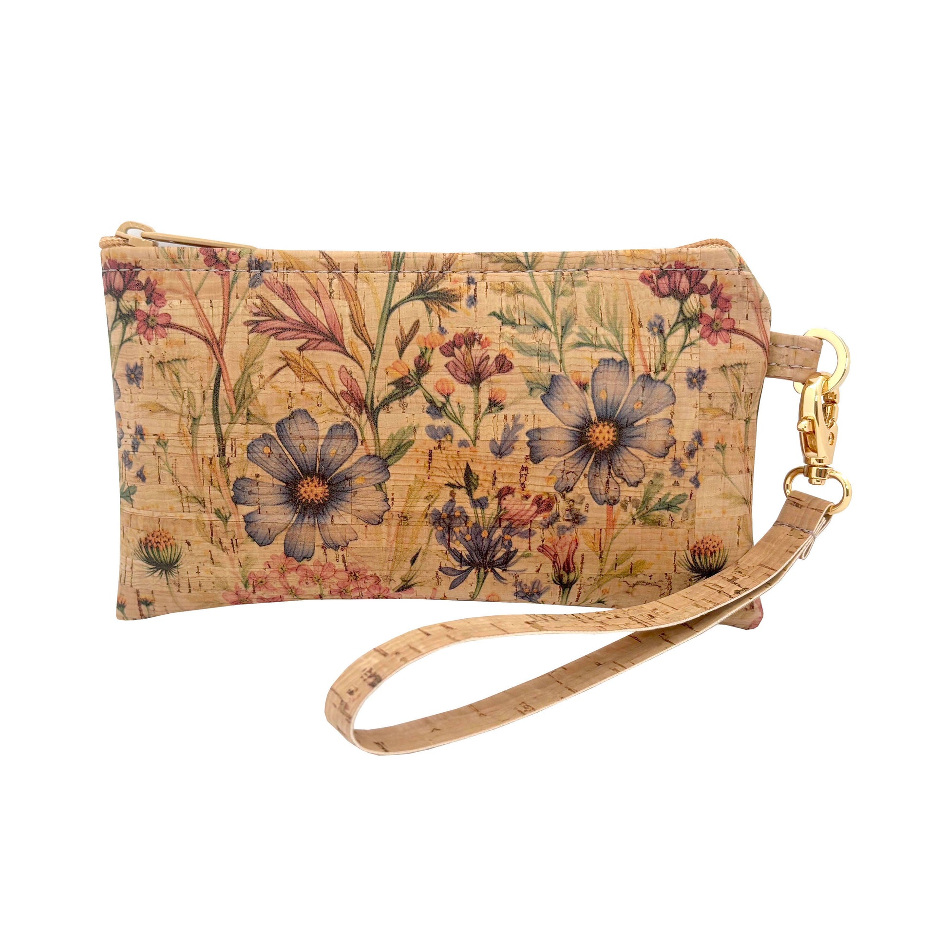 Floral patterned cork wristlet with a strap on a white background