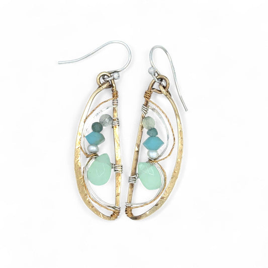 Gold and silver earrings with turquoise stones on a white background