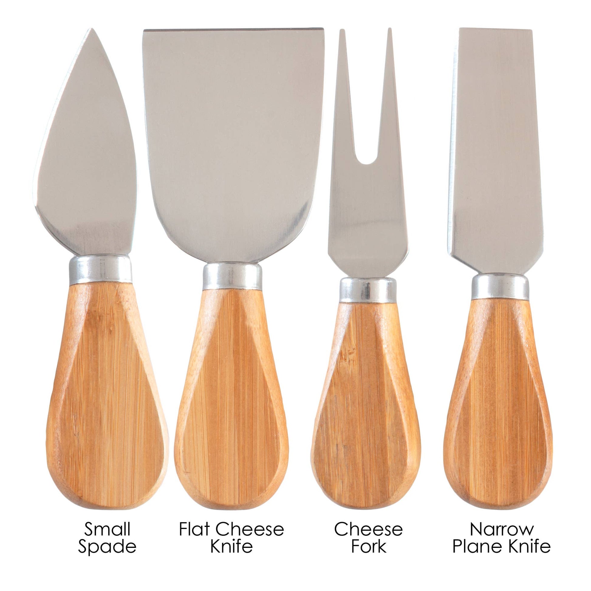Set of four cheese knives with wooden handles on a white background, labeled by style.