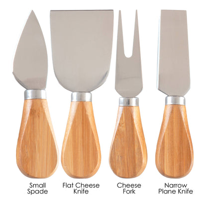 Set of four cheese knives with wooden handles on a white background, labeled by style.