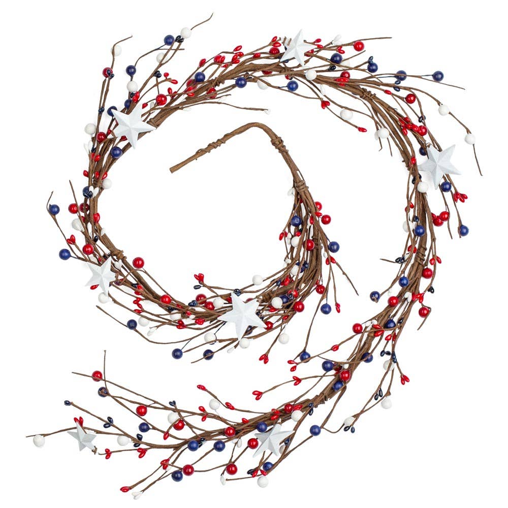 Decorative garland with red, white, and blue berries on a white background