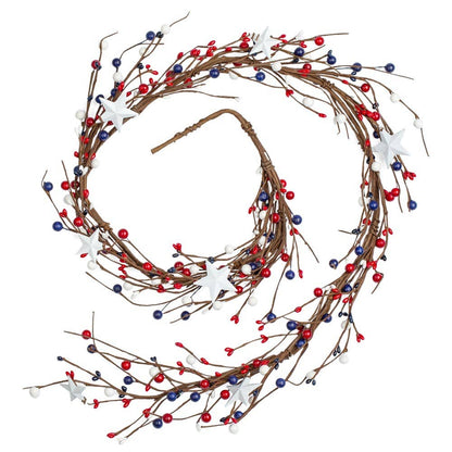 Decorative garland with red, white, and blue berries on a white background