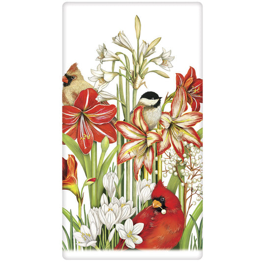 Winter Birds with Flowers Tea Towel