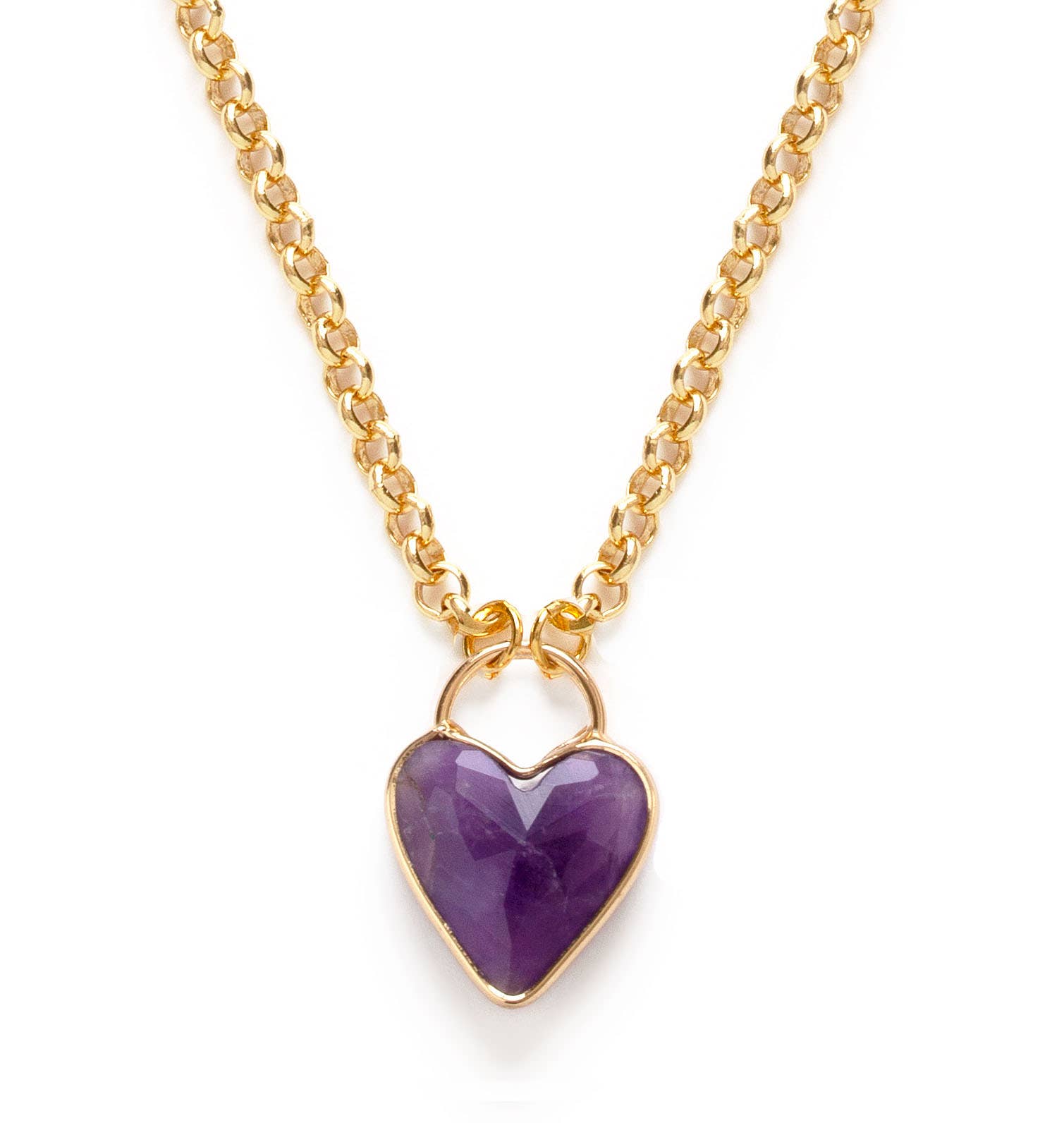 Gold necklace with a purple heart-shaped pendant on a white background