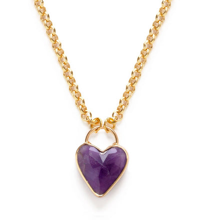 Gold necklace with a purple heart-shaped pendant on a white background