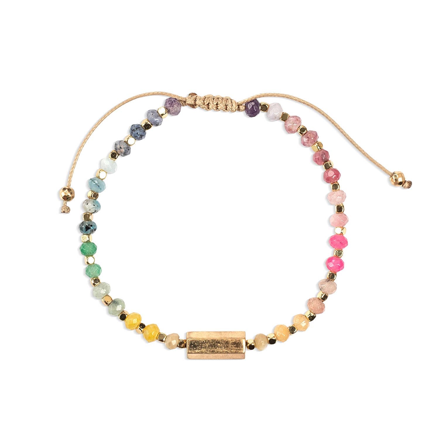 Multicolored beaded bracelet with a gold clasp on a white background