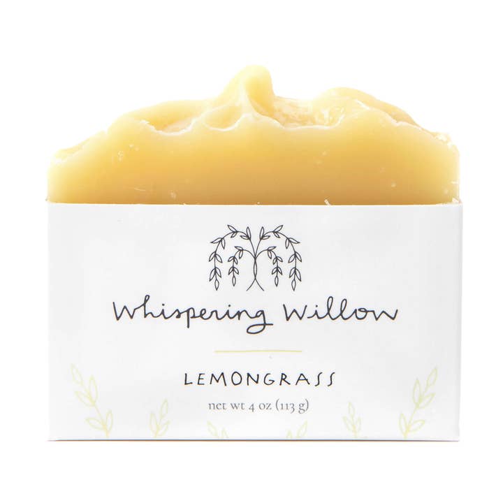 Bar of soap with 'Whispering Willow' label on a white background