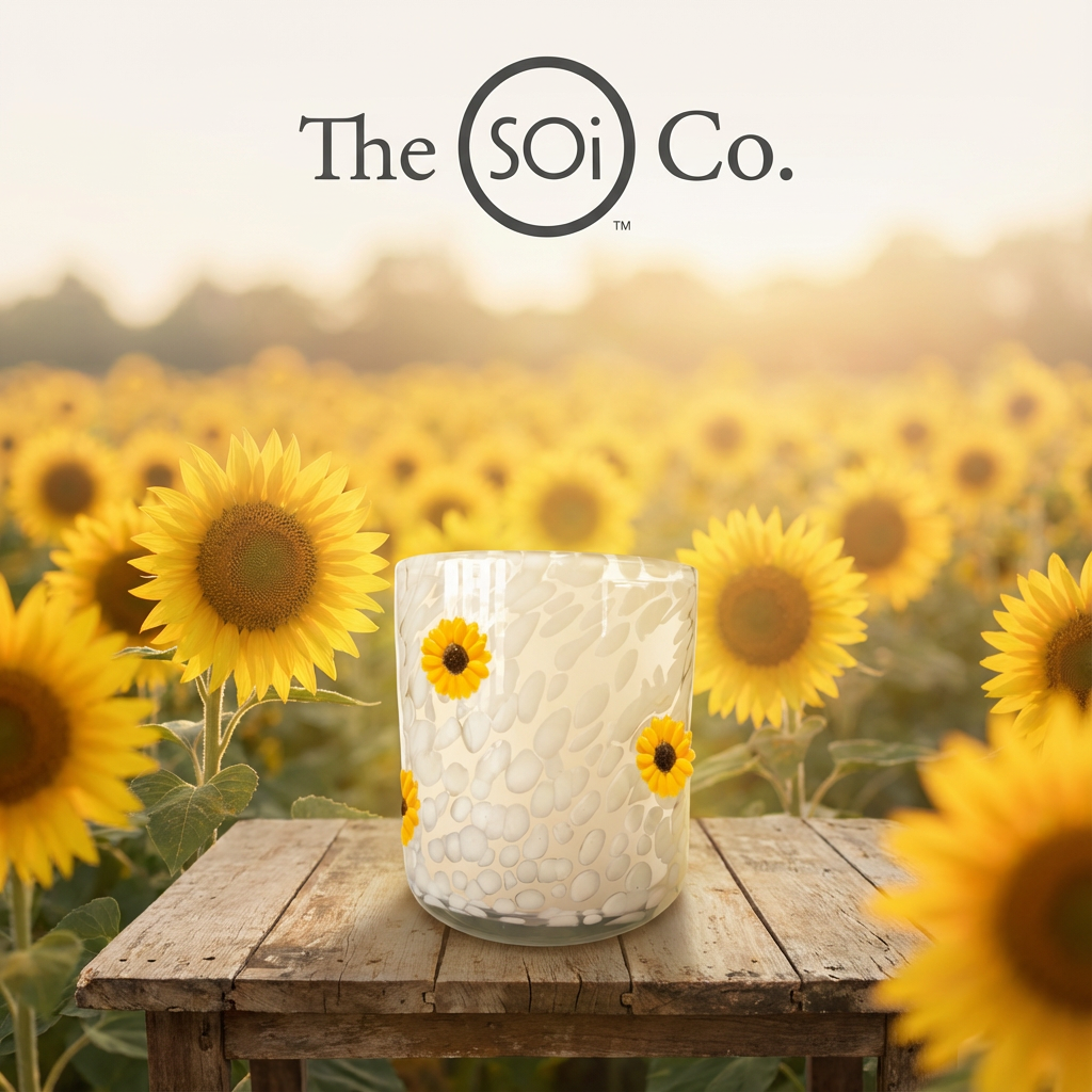 Glass candle holder with sunflower design on a wooden table in front of a sunflower field, featuring 'The SOi Co.'