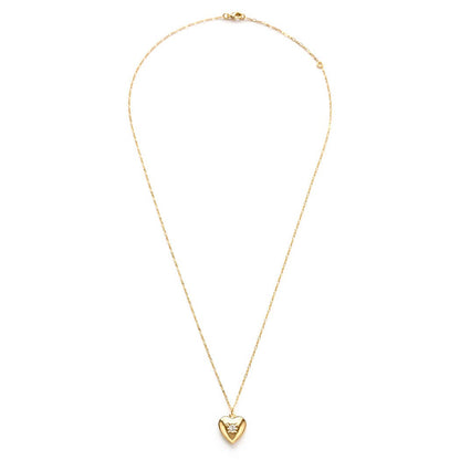 Gold necklace with a heart-shaped pendant on a white background