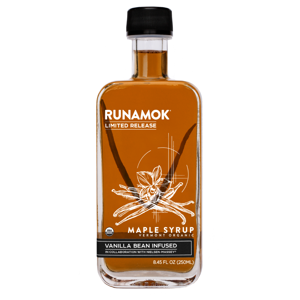 Bottle of Runamok Maple Syrup with vanilla bean infusion on a white background