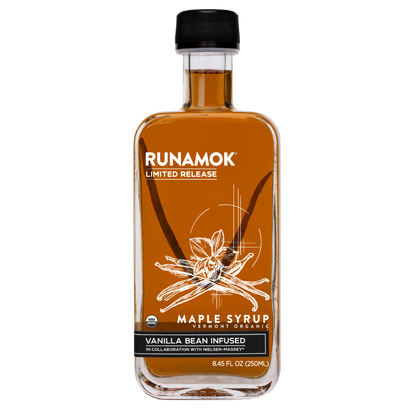 Bottle of Runamok Maple Syrup with vanilla bean infusion on a white background