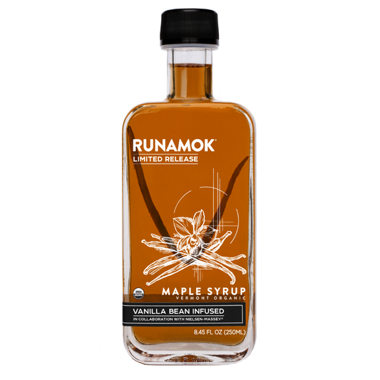 Bottle of Runamok Maple Syrup with vanilla bean infusion on a white background