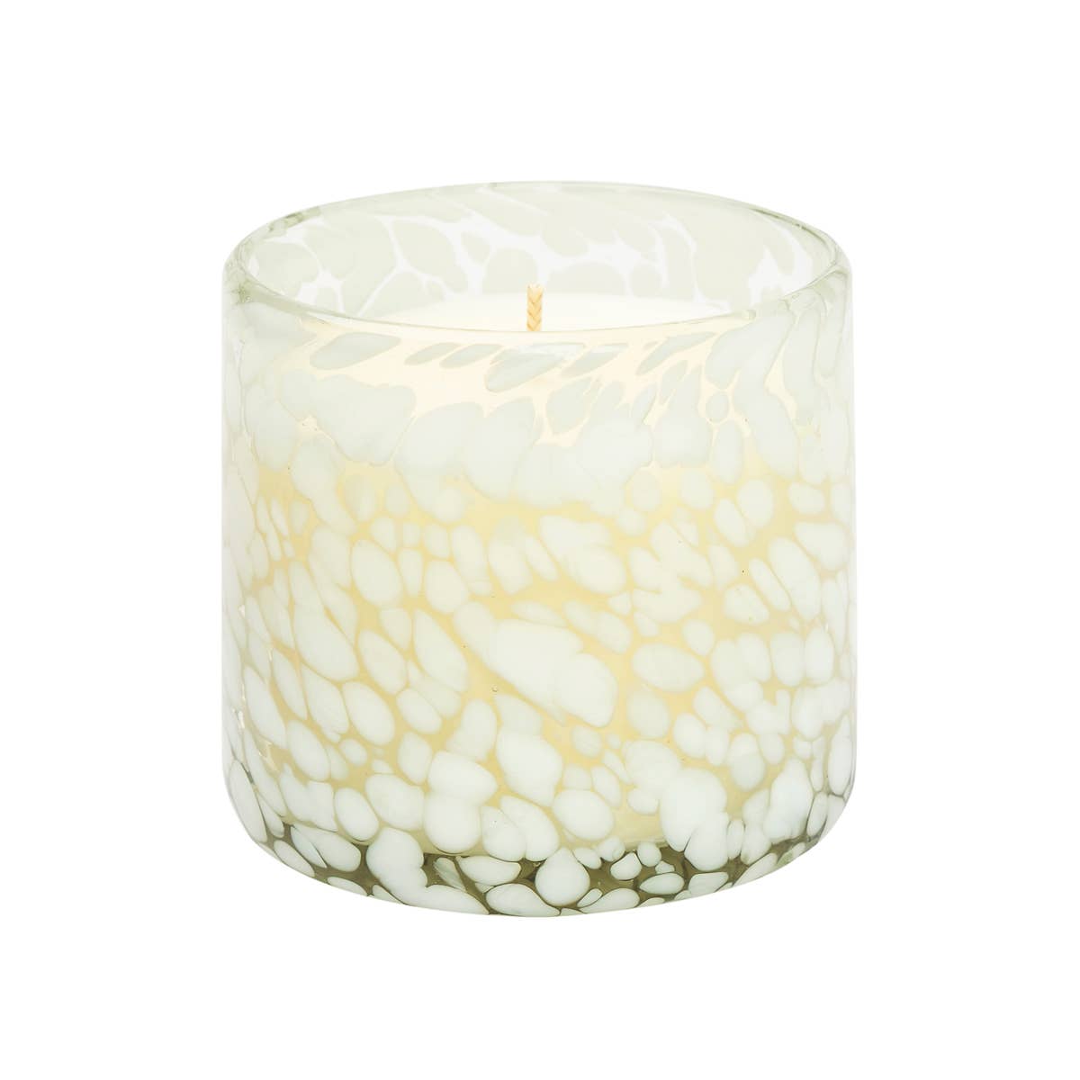 Candle in a glass container with a marble-like pattern on a white background