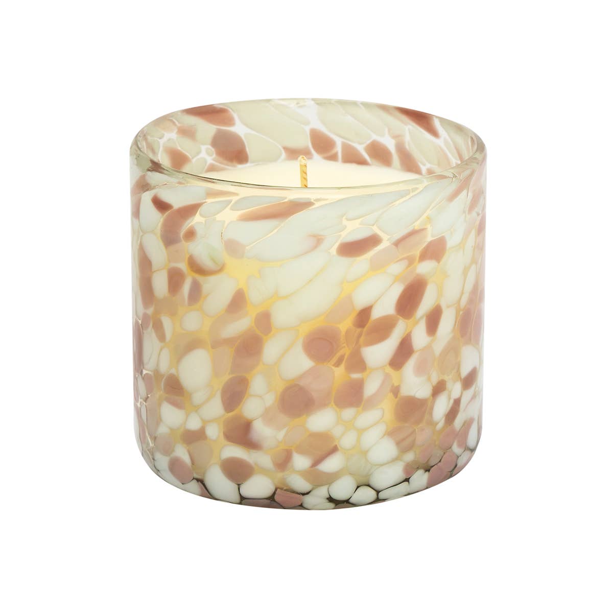 Candle in a decorative glass container with a marbled pattern on a white background