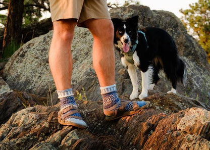 A person wearing tan shorts, patterned socks, and brown sandals stands on large rocks outdoors next to a black and white dog wearing a teal harness.