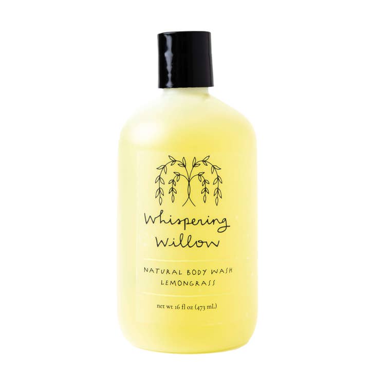 Bottle of Whispering Willow natural body wash with lemongrass scent on a white background