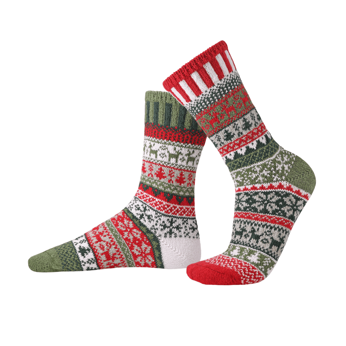 Pair of patterned socks with red, green, and white colors on a white background